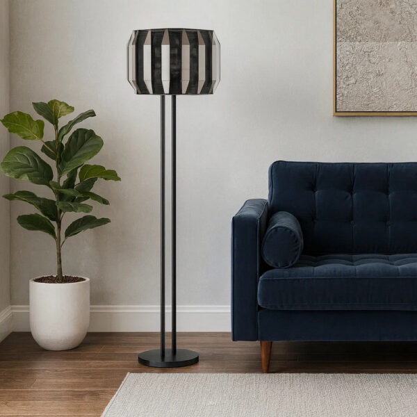 Pin 59 Inch Floor Lamp, Drum Shade, Metal Base, Accent Round Base, Black