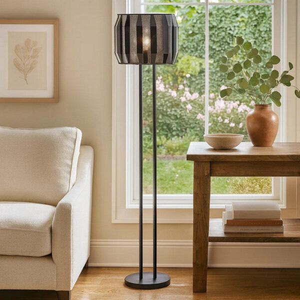 Pin 59 Inch Floor Lamp, Drum Shade, Metal Base, Accent Round Base, Black