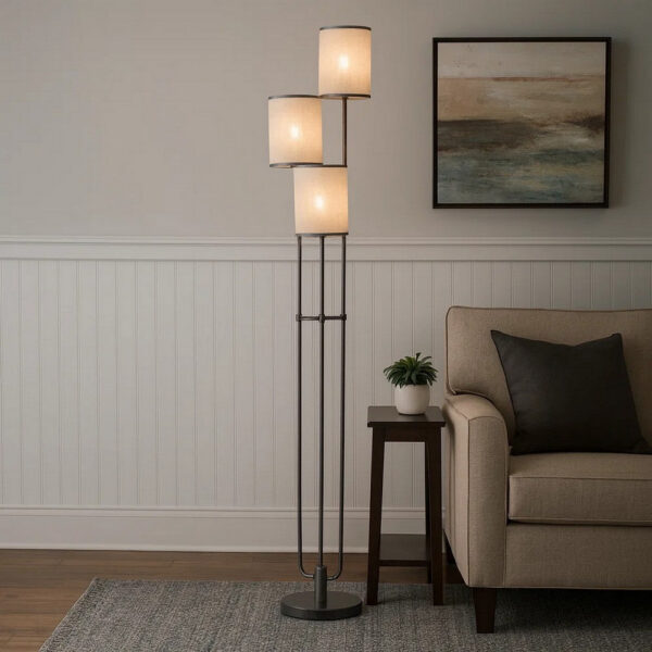 1502202669919d141aeaa.jpeg Zen 67 Inch Floor Lamp, 3 Drum Fabric Shades, Round Metal Base, Gray