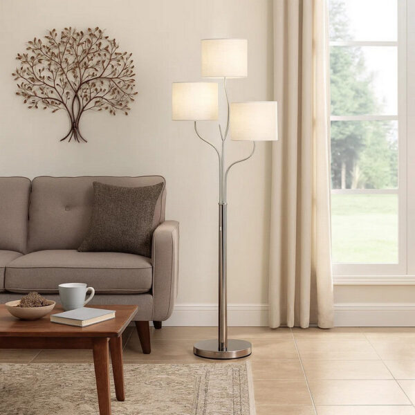 1502202669919d2cdaf9e.jpeg Indi 60 Inch Floor Lamp, 3 Drum Fabric Shade, Round Metal Base, Silver