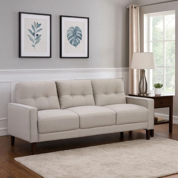 1502202669919dd107a8a.jpeg Bow 77 Inch Sofa, Grid Tufted Back, Track Arms, Self Welt Trim, Beige