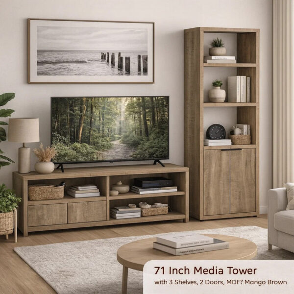 1502202669919e0945897.jpeg Tag 71 Inch Media Tower with 3 Shelves, 2 Doors, MDF Wood, Mango Brown
