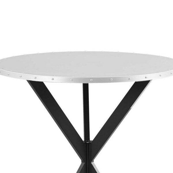 36 Inch Bar Table, Metal Top, Hammered Nails, Intersected Base, Silver