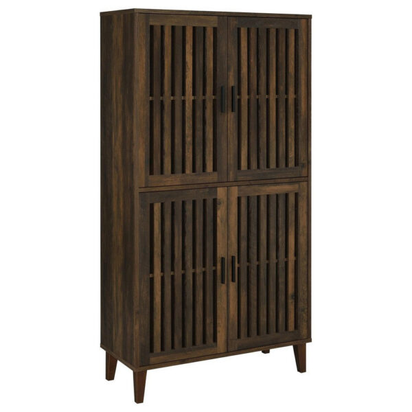 69 Inch Tall Accent Cabinet, Vertical Slatted Design, Brown and Black