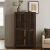 69 Inch Tall Accent Cabinet, Vertical Slatted Design, Brown and Black