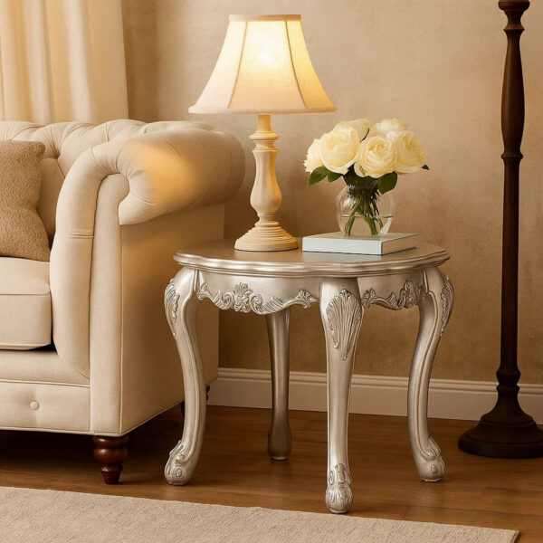1502202669919e81528cf.jpeg Ally 28 Inch Side End Table, Aspen Wood, Classic Scrollwork, Polyresin