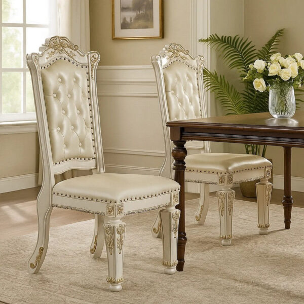 Jess 24 Inch Counter Chair Set of 2, Pearl Faux Leather, Button Tufted