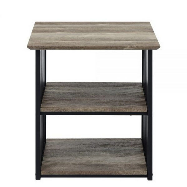 Nori 23 Inch Nightstand, 2 Shelves, Metal Base, MDF, Antique Oak and Black