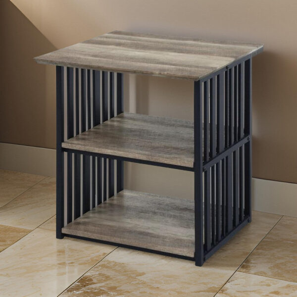 Nori 23 Inch Nightstand, 2 Shelves, Metal Base, MDF, Antique Oak and Black