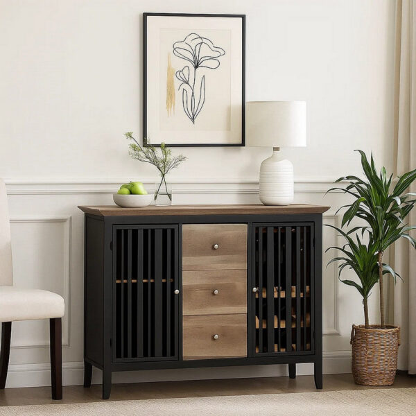 Nori 47 Inch Sideboard Buffet, 3 Drawers, Antique Oak Brown and Black