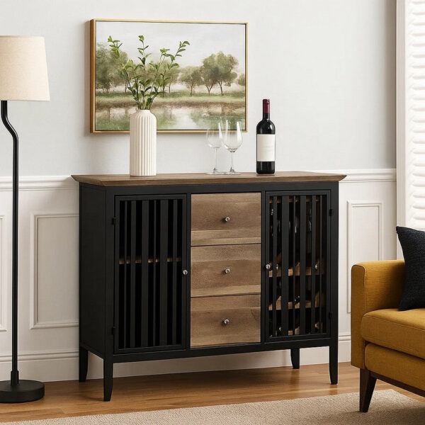 Nori 47 Inch Sideboard Buffet, 3 Drawers, Antique Oak Brown and Black