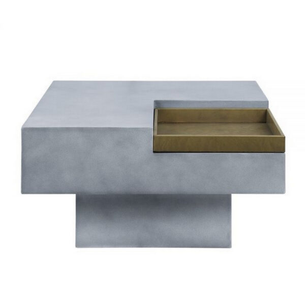 32 Inch Coffee Table with Removable Tray, Cement Construction, Smooth Gray