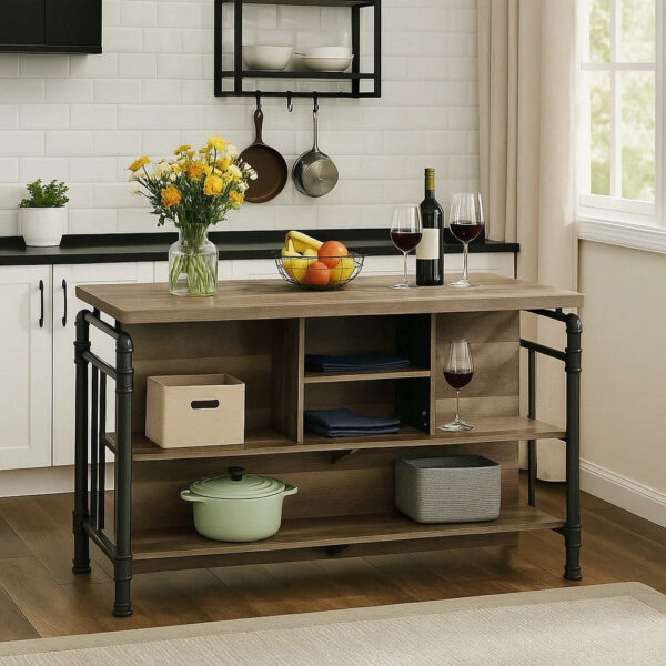 59 Inch Kitchen Island with 2 Shelves, Industrial Antique Oak Brown, Gray