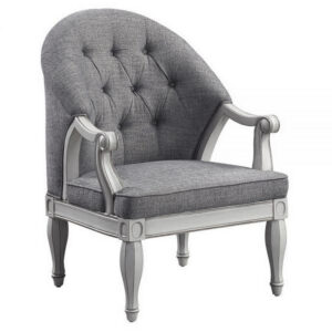 Fil 32 Inch Armchair, Tufted Backrest, Fabric Upholstery, Poplar Wood, Gray