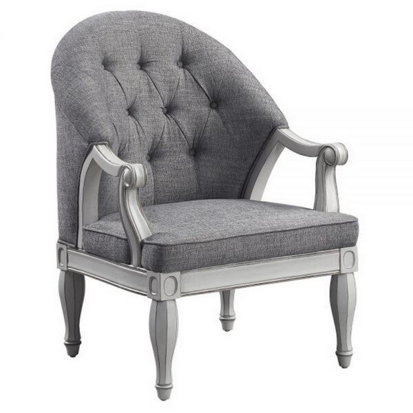 Fil 32 Inch Armchair, Tufted Backrest, Fabric Upholstery, Poplar Wood, Gray