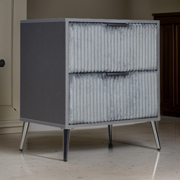 150220266991a11edf5e4.jpeg Moko 26 Inch Nightstand, 2 Ribbed Soft Upholstered Drawers, Smooth Gray