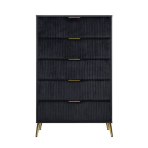 150220266991a1227629f.jpeg Moko 51 Inch Tall Dresser, 5 Soft Upholstered Drawers, Black, Gold