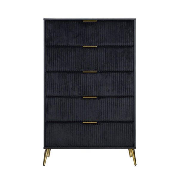 150220266991a1227629f.jpeg Moko 51 Inch Tall Dresser, 5 Soft Upholstered Drawers, Black, Gold