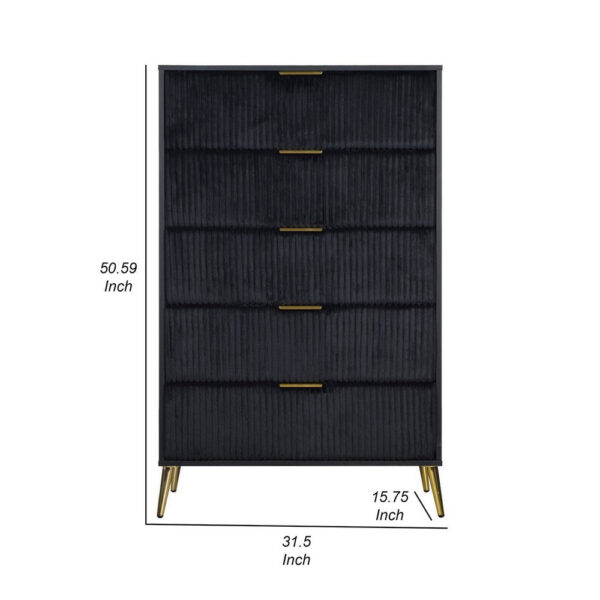 150220266991a12da189c.jpeg Moko 51 Inch Tall Dresser, 5 Soft Upholstered Drawers, Black, Gold
