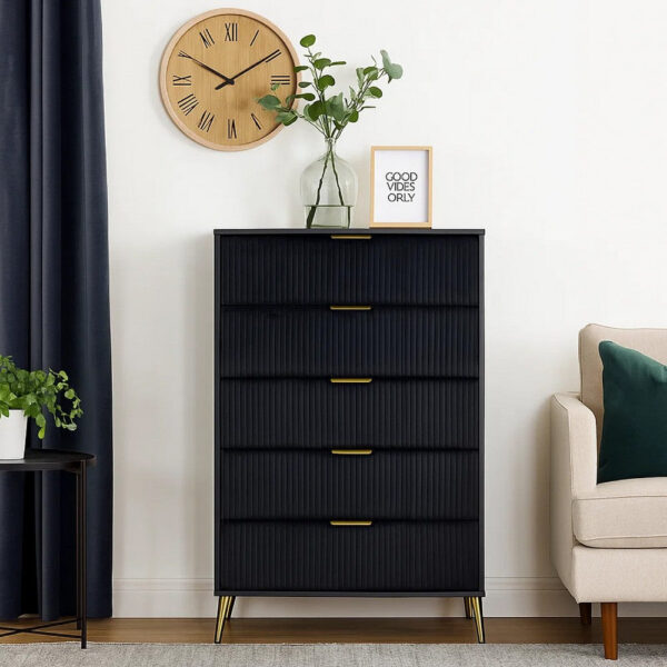 150220266991a12fe0647.jpeg Moko 51 Inch Tall Dresser, 5 Soft Upholstered Drawers, Black, Gold
