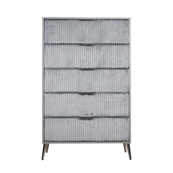 150220266991a13883fcc.jpeg Moko 51 Inch Tall Dresser, 5 Fabirc Upholstered Drawers, Gray, Nickel