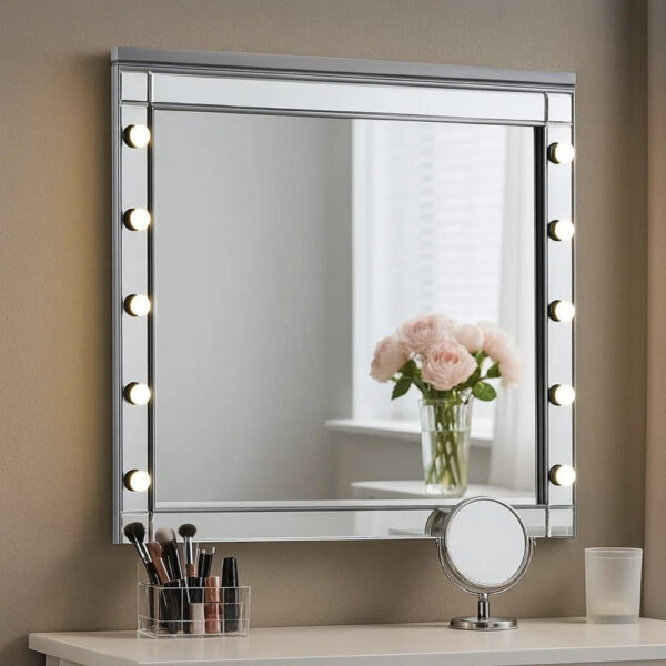 Lee 37 x 40 Vanity Mirror, 10 Light Bulb Sockets, Modern Silver Wood Frame
