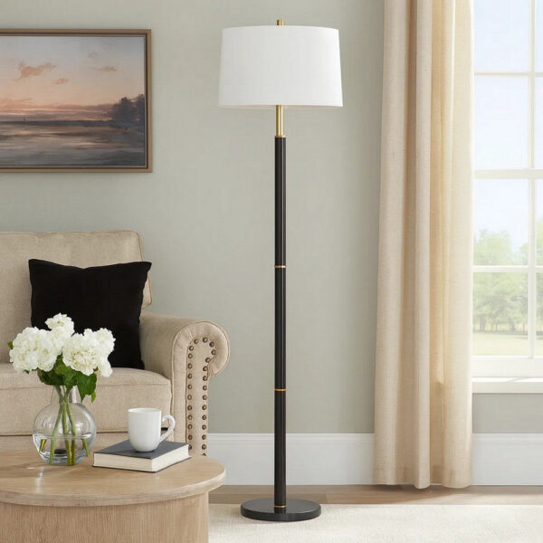 62 Inch Floor Lamp, White Tapered Hardback Shade, Black with Gold Accents