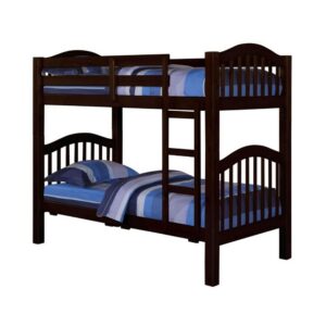 Twin Over Twin Bunk Bed, Pine Wood, Slatted Headboard, Espresso Brown