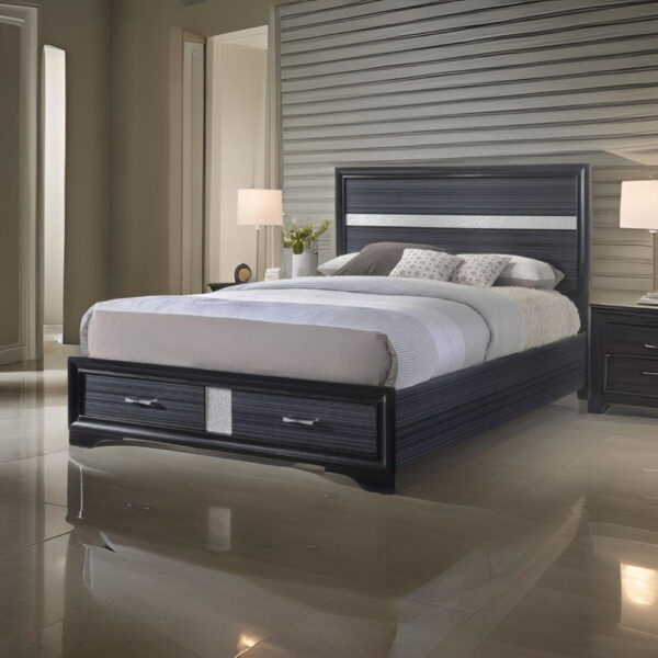 Nae Queen Size Bed, Rubberwood, Gray, Textured, Shimmery Acrylic Trim