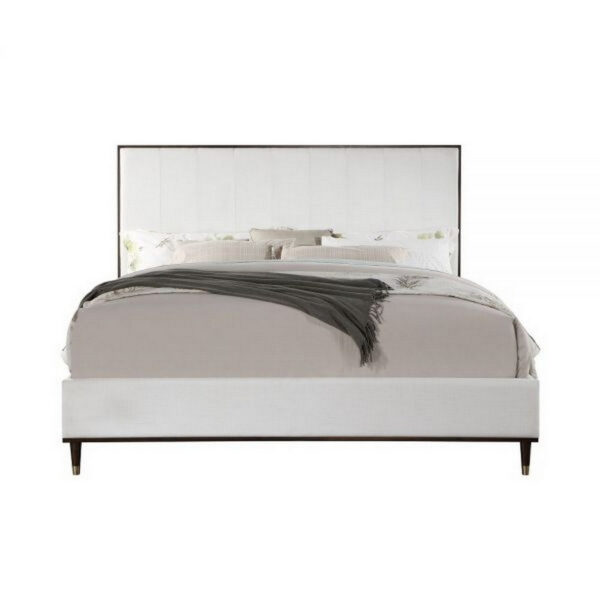 Aren Queen Bed, Light Gray Fabric Upholstery, Crisp White and Smooth Brown