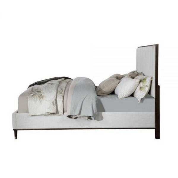 Aren Queen Bed, Light Gray Fabric Upholstery, Crisp White and Smooth Brown