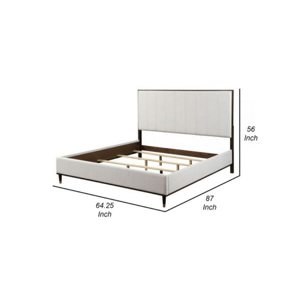 Aren Queen Bed, Light Gray Fabric Upholstery, Crisp White and Smooth Brown