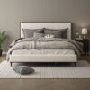 Aren Queen Bed, Light Gray Fabric Upholstery, Crisp White and Smooth Brown
