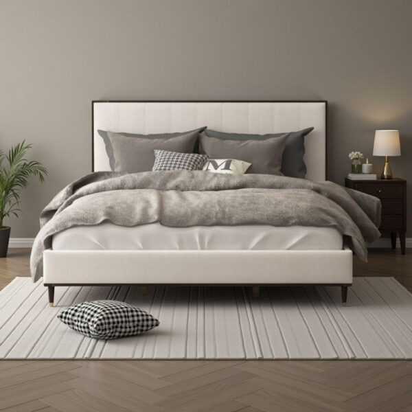Aren Queen Bed, Light Gray Fabric Upholstery, Crisp White and Smooth Brown