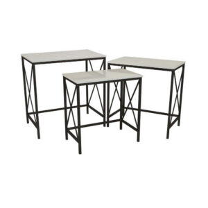Zoe Plant Stand Table Set of 3, Metal, Rectangular Marble Top, Black Metal