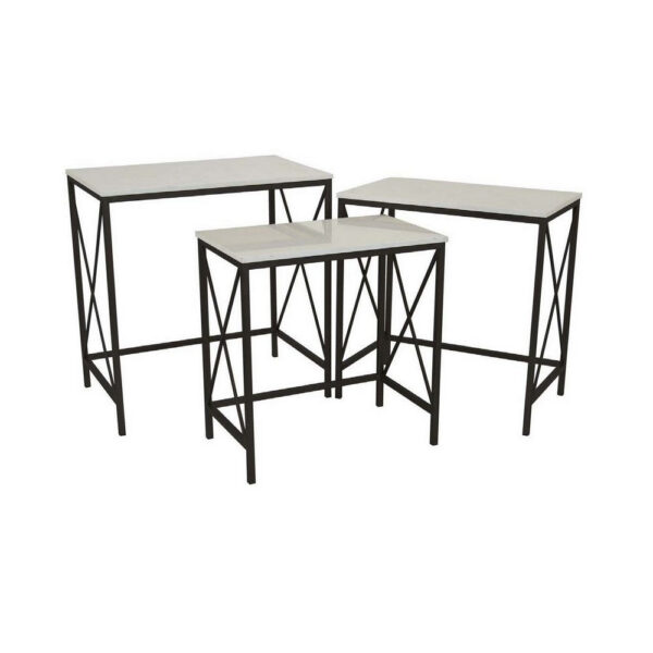 Zoe Plant Stand Table Set of 3, Metal, Rectangular Marble Top, Black Metal