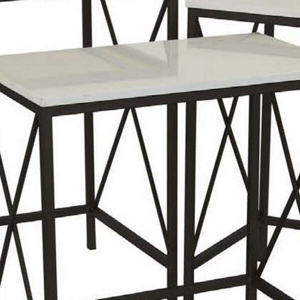 Zoe Plant Stand Table Set of 3, Metal, Rectangular Marble Top, Black Metal