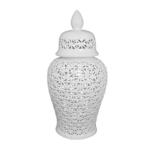 150220266991a315d74bc.jpeg Paul 34 Inch Pierced Temple Jar with Lid, Intricate Pattern Ceramic, White