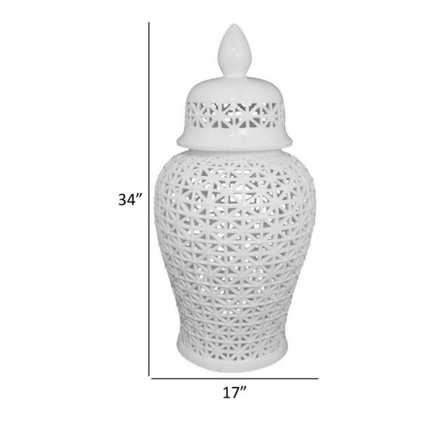 150220266991a320356a0.jpeg Paul 34 Inch Pierced Temple Jar with Lid, Intricate Pattern Ceramic, White