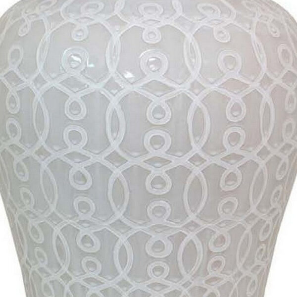 Deni 33 Inch Temple Jar, Removable Lid, Carved Pattern, Ceramic, White