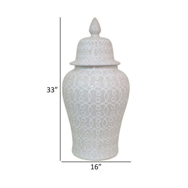 Deni 33 Inch Temple Jar, Removable Lid, Carved Pattern, Ceramic, White