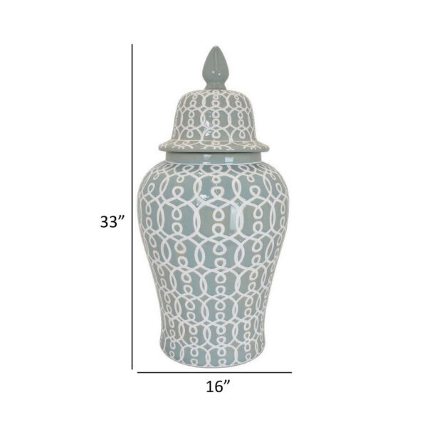 Deni 33 Inch Temple Jar, Removable Lid, Carved Pattern, Ceramic, Mint Green