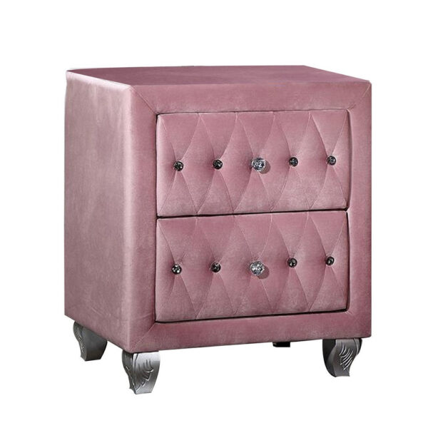 Zoha 26 Inch Nightstand, 2 Drawer, Cabriole Legs, Wood, Pink Upholstery