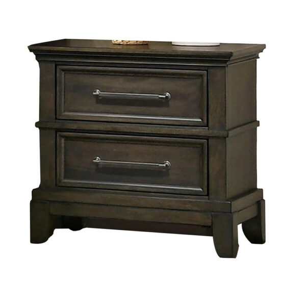 Ston 26 Inch Nightstand, 2 Drawers, Pewter Handles, Crown Mold, Wood, Gray