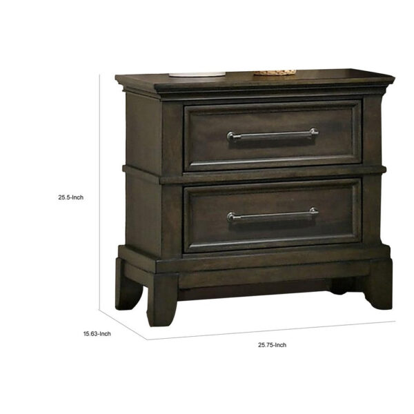 Ston 26 Inch Nightstand, 2 Drawers, Pewter Handles, Crown Mold, Wood, Gray