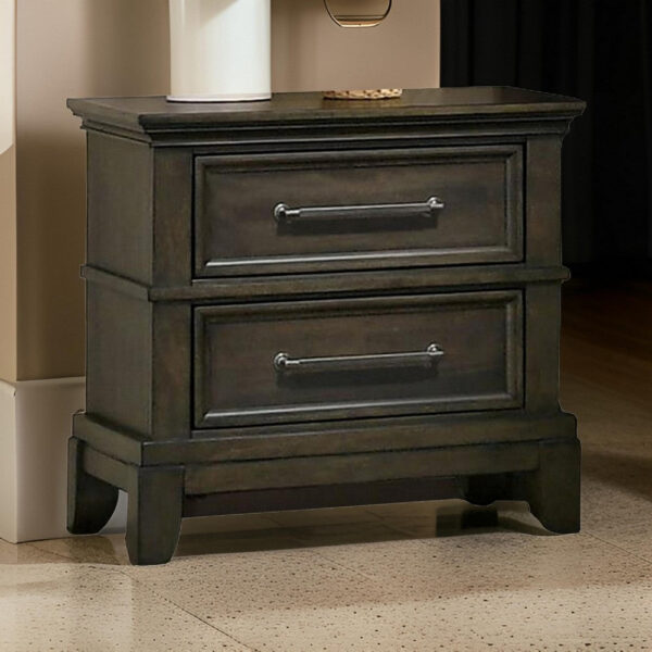 Ston 26 Inch Nightstand, 2 Drawers, Pewter Handles, Crown Mold, Wood, Gray