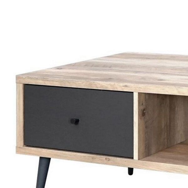 Carly 47 Inch Coffee Table, Tapered Legs, 1 Drawer, Light Brown and Gray