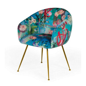 25 Inch Dining Chair, Floral Design, Gold Legs, Blue Velvet Upholstery