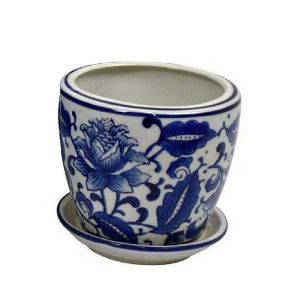 Planter With Saucer Set of 4, Vintage Blue Floral Print, White Ceramic
