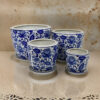 Planter With Saucer Set of 4, Vintage Blue Floral Print, White Ceramic
